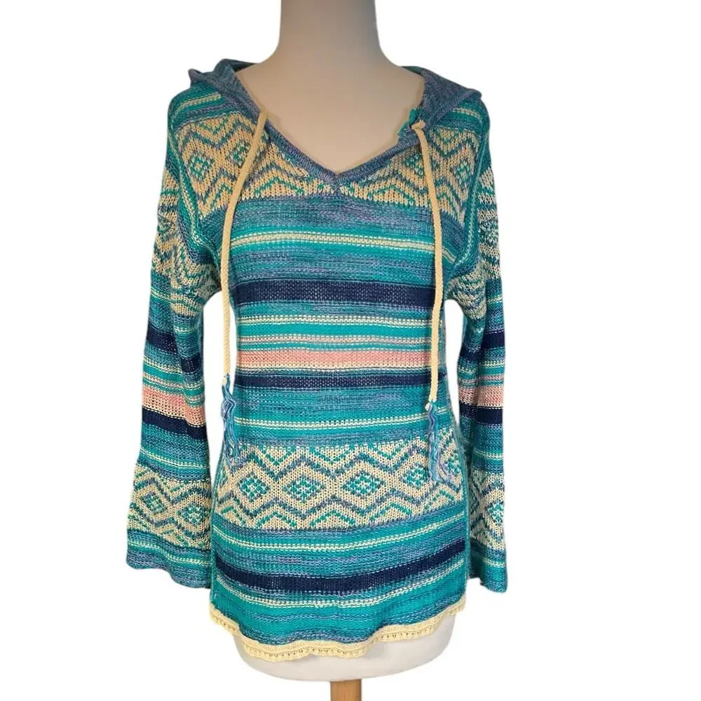 Wrangler Retro South Western Women's Hoodie Bell Sleeve Hobo V-Neck Sweater SZ S